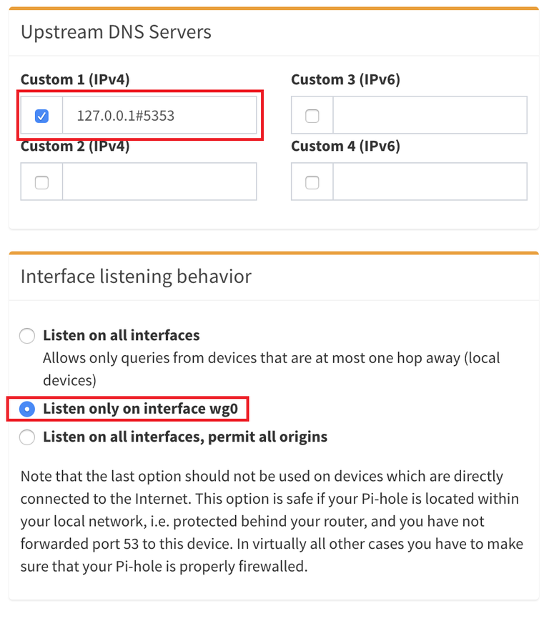 Pi-hole web UI upstream DNS