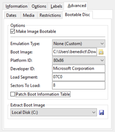 Set the Advanced/Bootable Disc tab